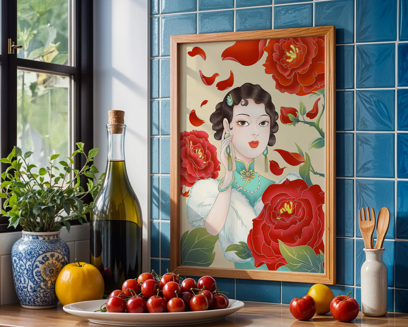 Elegant woman surrounded by vibrant red flowers and petals