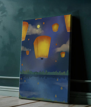 Lanterns Floating in Night Sky over Reflective Lake