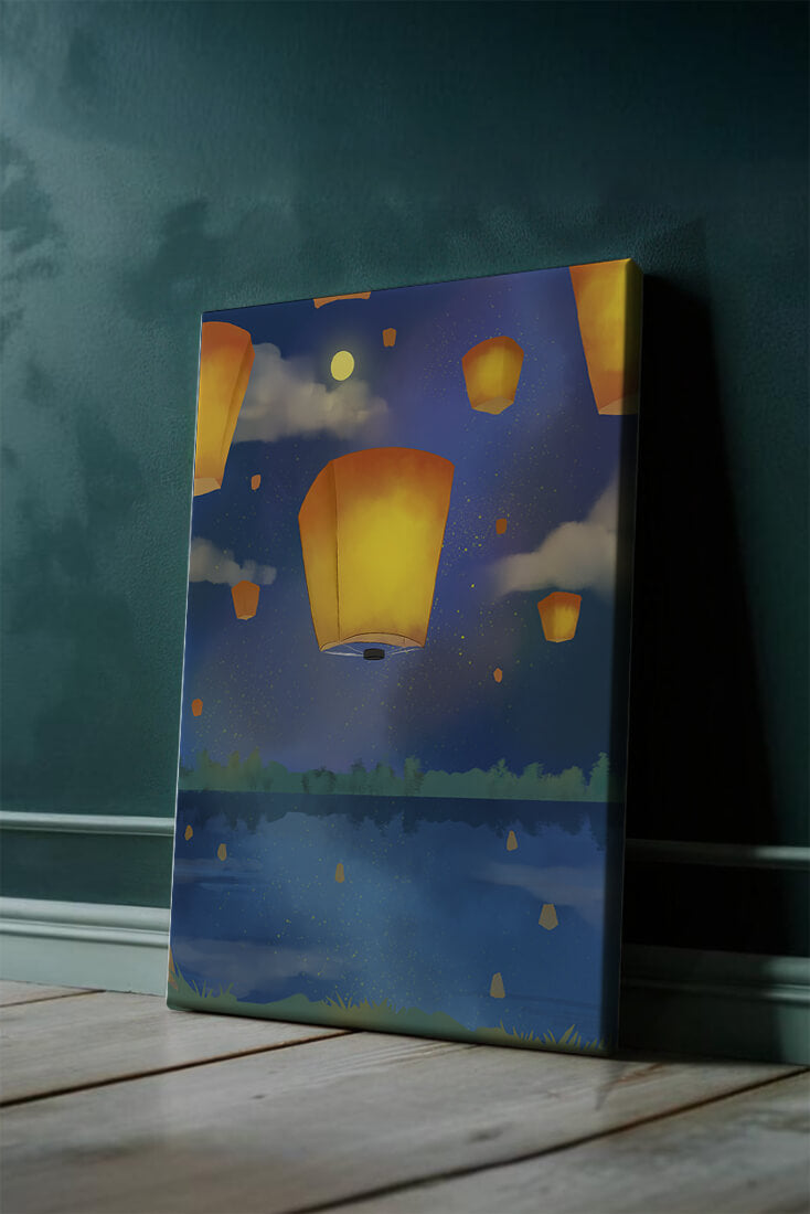 Lanterns Floating in Night Sky over Reflective Lake
