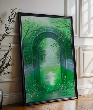 Un túnel de jardín verde sereno con agua reflectante