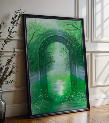 A serene green garden tunnel with reflective water