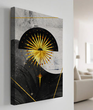 Abstract cosmic design featuring golden sunburst and celestial elements