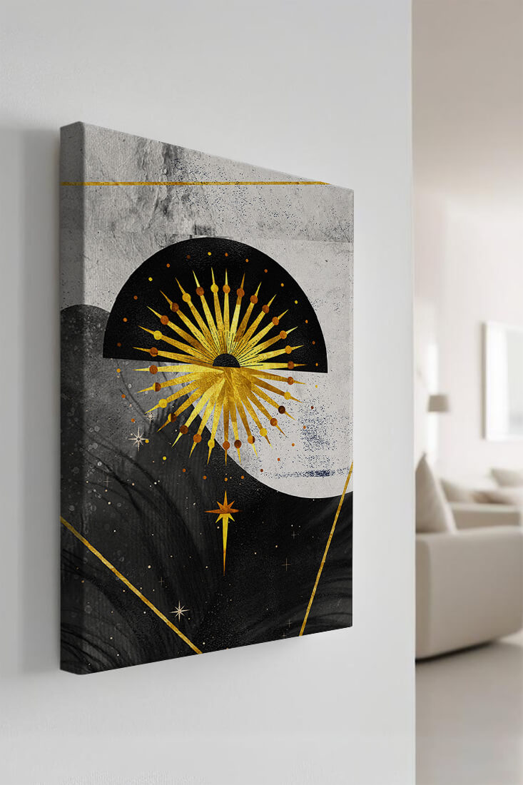Abstract cosmic design featuring golden sunburst and celestial elements