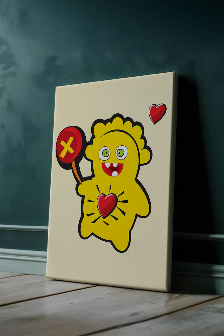 Colorful cartoon character with heart and playful design