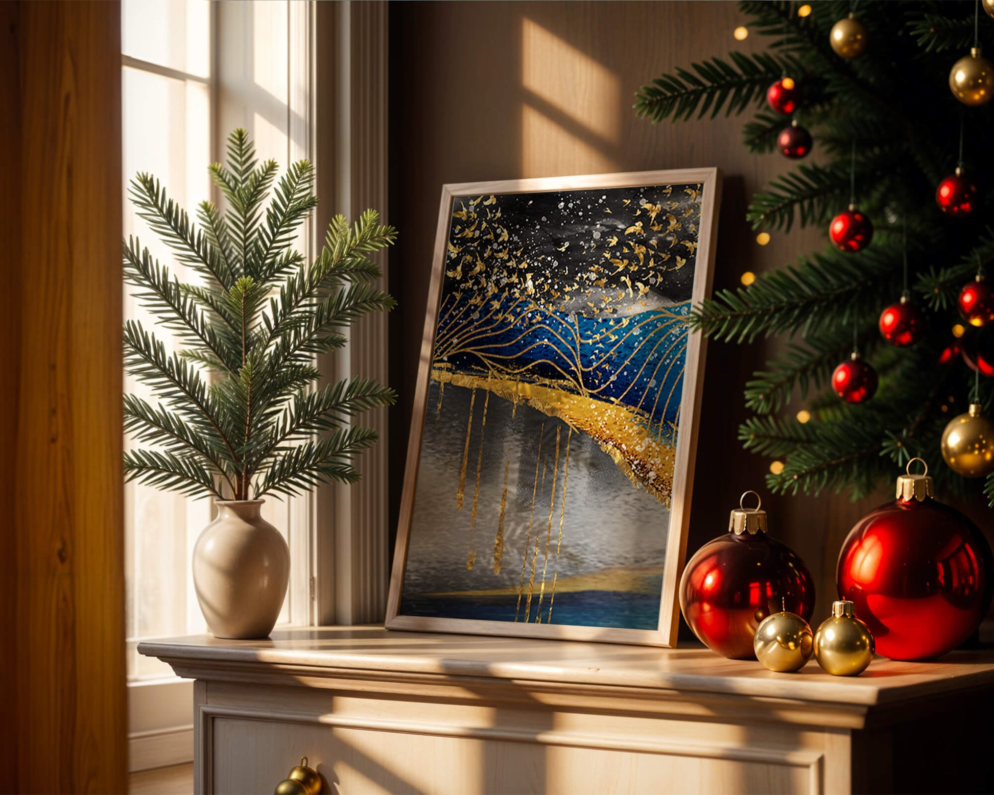 Abstract Night Sky With Golden Birds And Waves