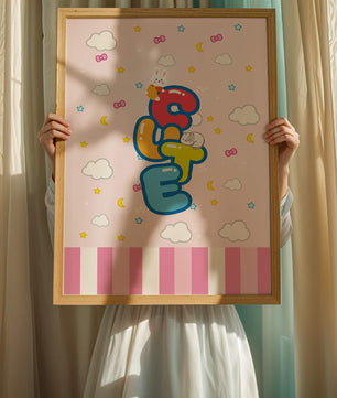 Playful pastel illustration with cute characters and clouds