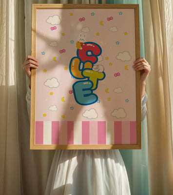 Playful pastel illustration with cute characters and clouds