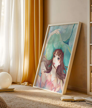 Serene water-inspired portrait of a woman with flowers