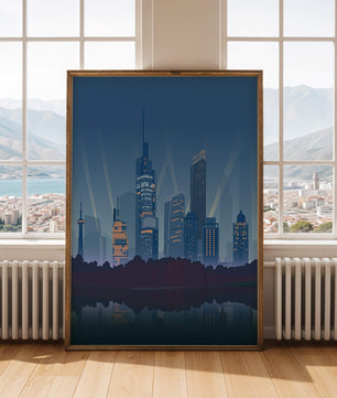 Paisaje urbano moderno con rascacielos iluminados reflejándose en el agua