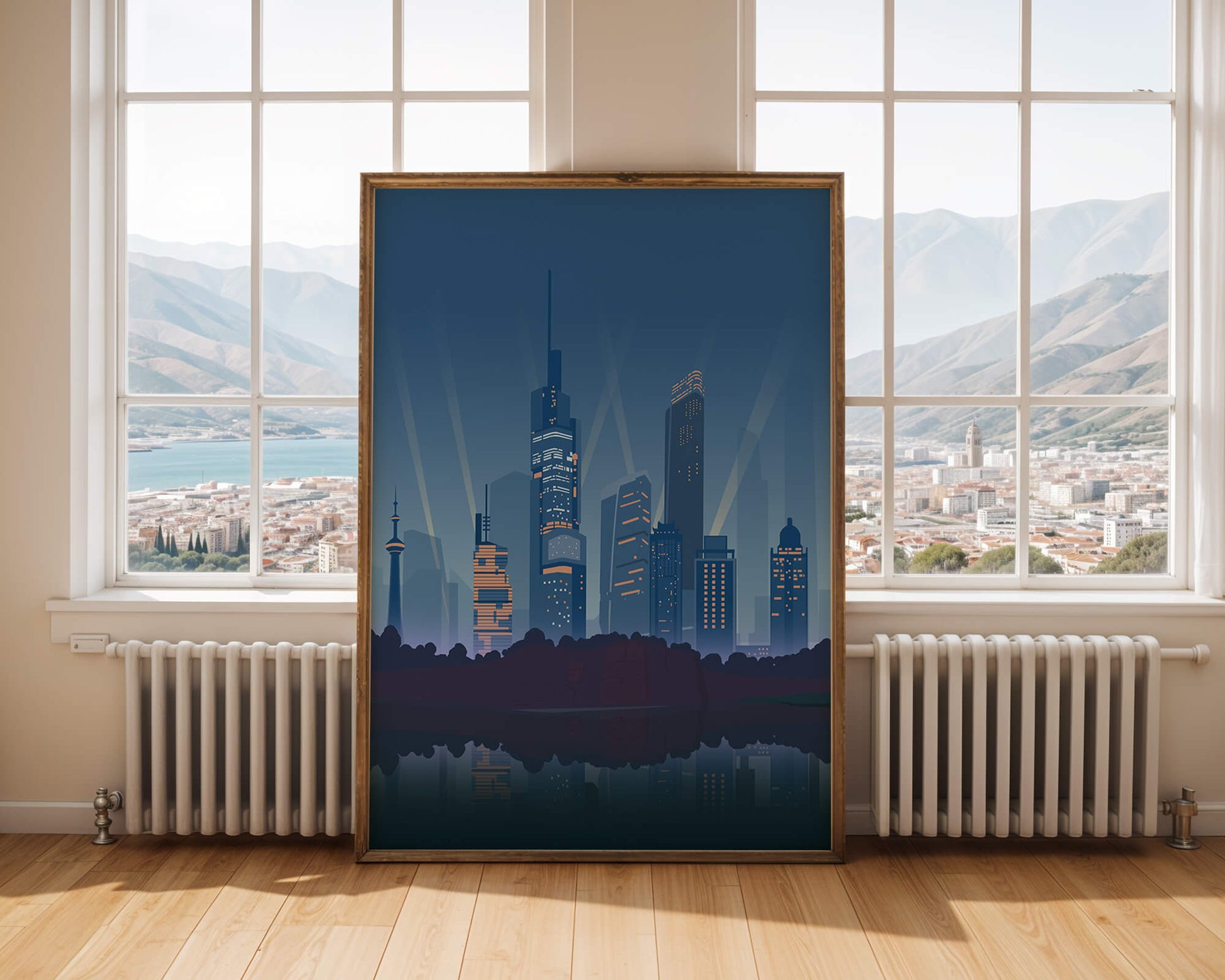 Modern cityscape with illuminated skyscrapers reflecting on water