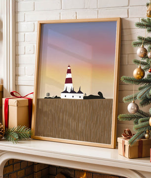 Lighthouse at Dusk with Colorful Sky and Field Landscape