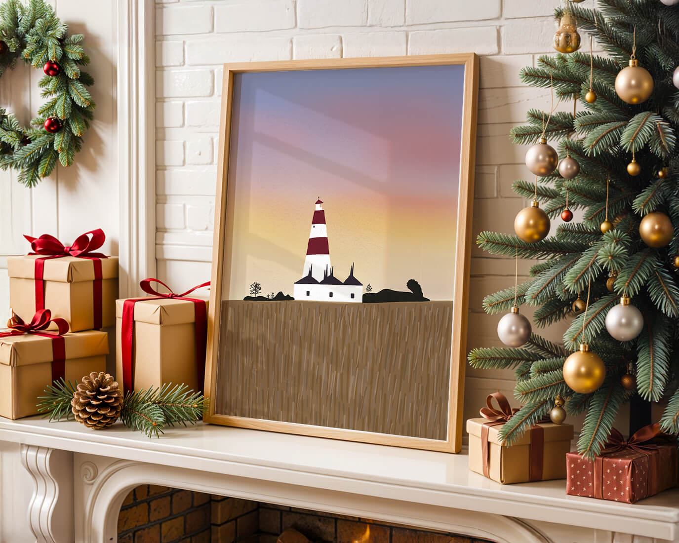 Lighthouse at Dusk with Colorful Sky and Field Landscape
