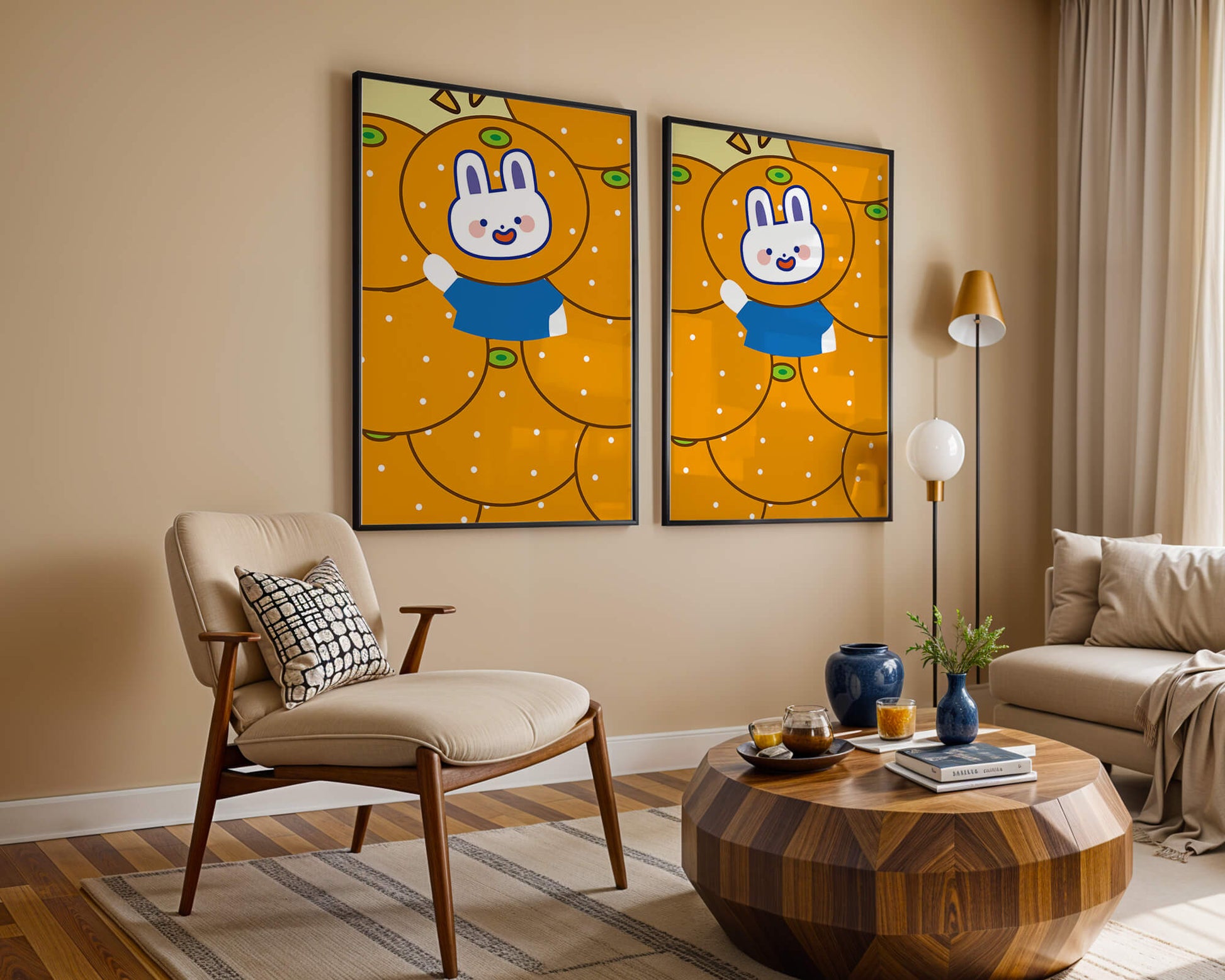 Whimsical illustration of a bunny surrounded by oranges