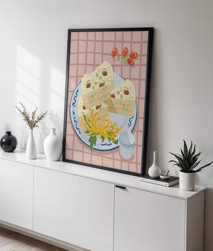 Illustration of layered cake on patterned plate with flowers and a cup