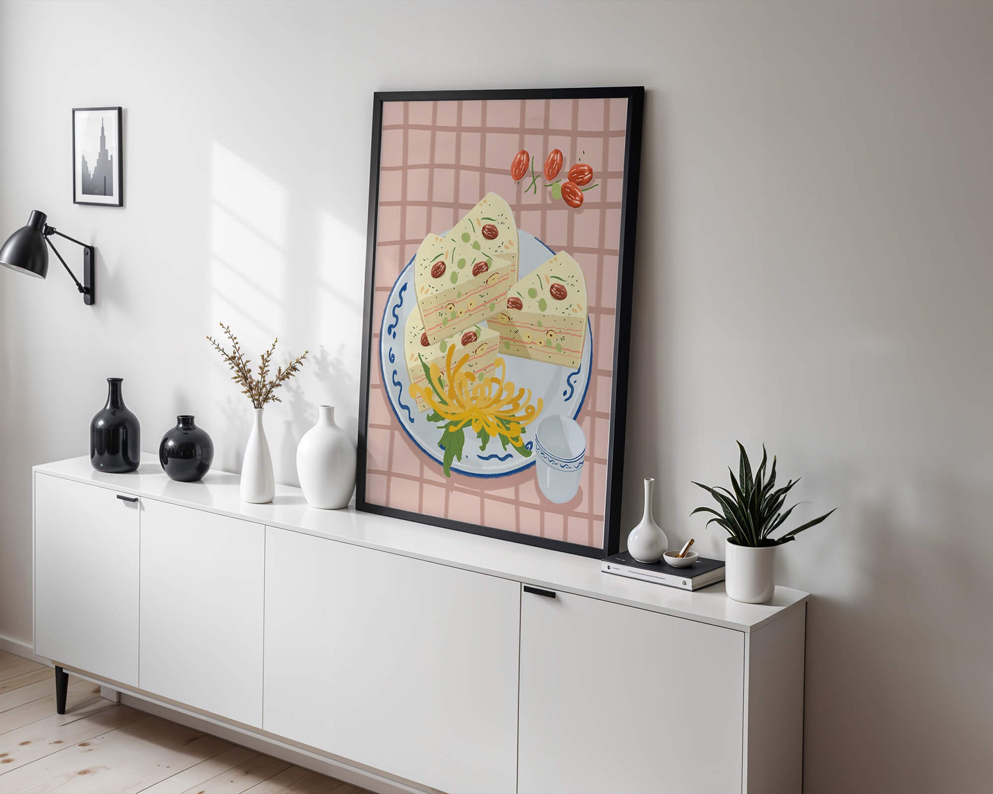 Illustration of layered cake on patterned plate with flowers and a cup