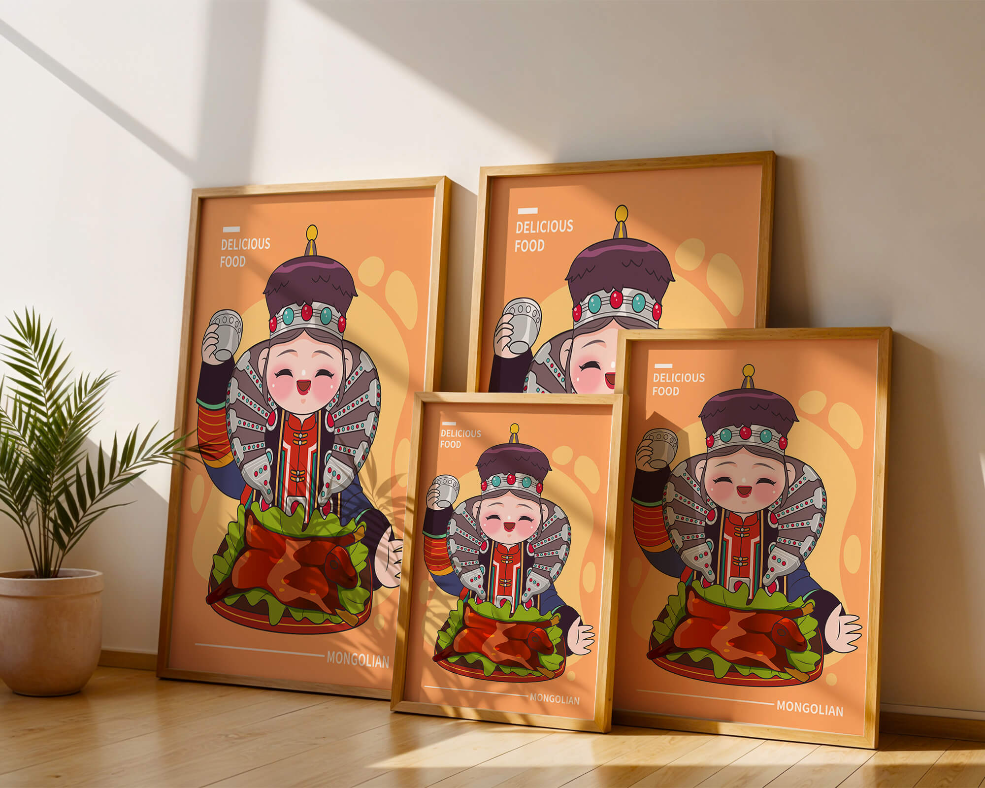Cartoon character in traditional Mongolian attire with food
