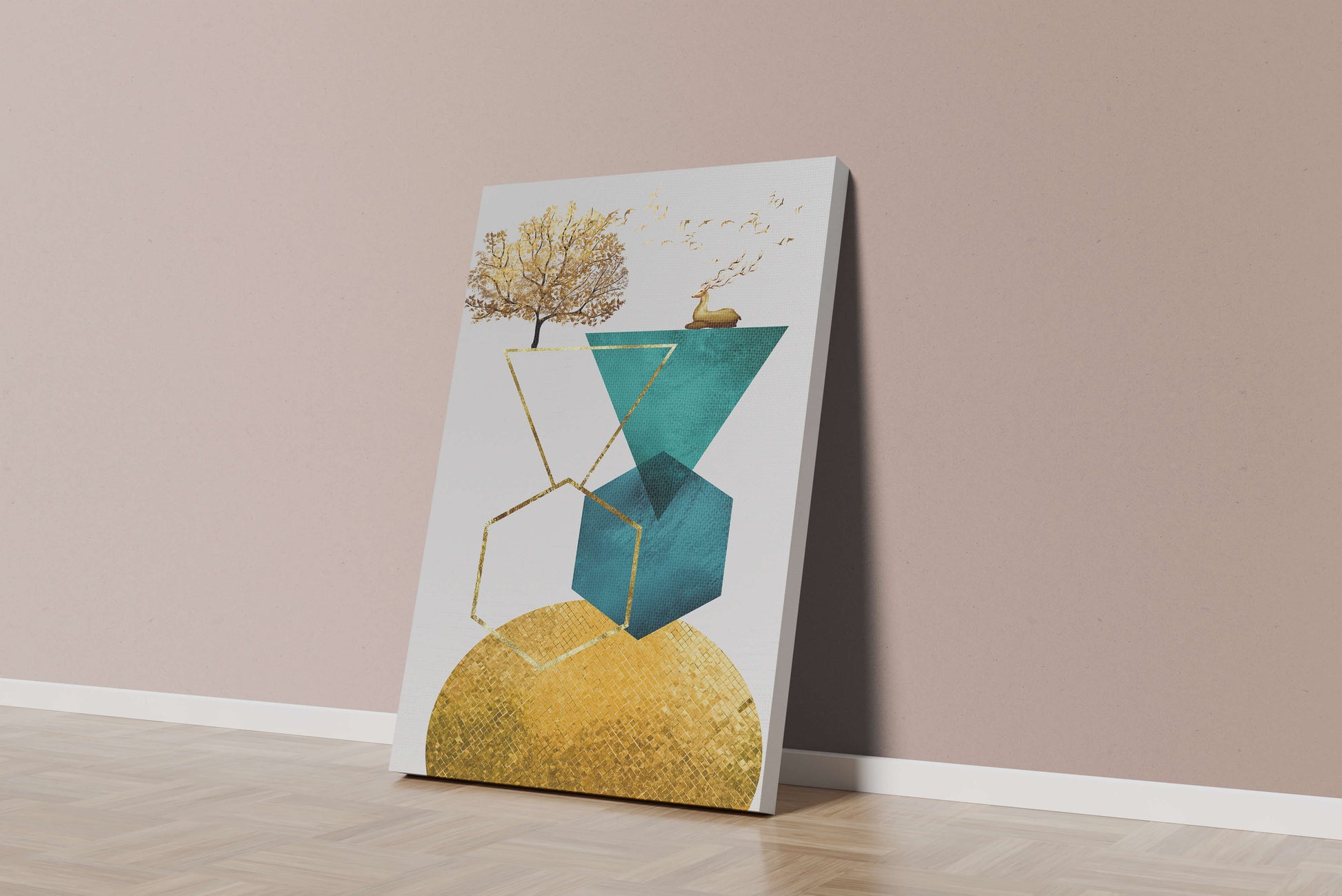 Abstract Geometric Composition with Golden Deer and Tree