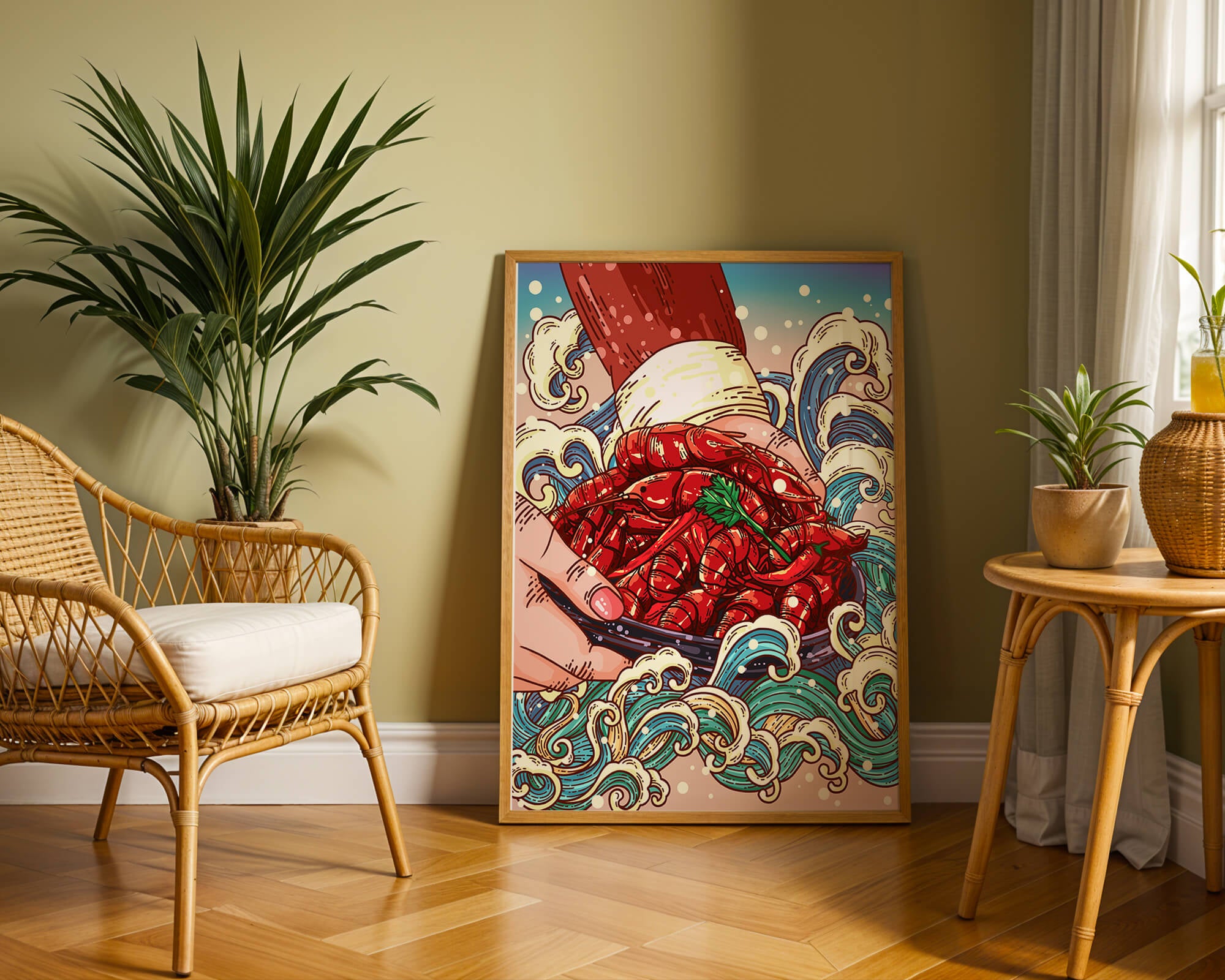 Colorful Cartoon Illustration of Hand Holding Crawfish Over Decorative Waves