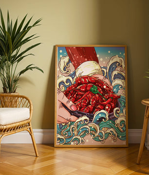 Colorful Cartoon Illustration of Hand Holding Crawfish Over Decorative Waves