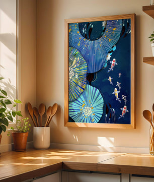 Scène sous-marine vibrante avec des carpes koï et un motif floral abstrait