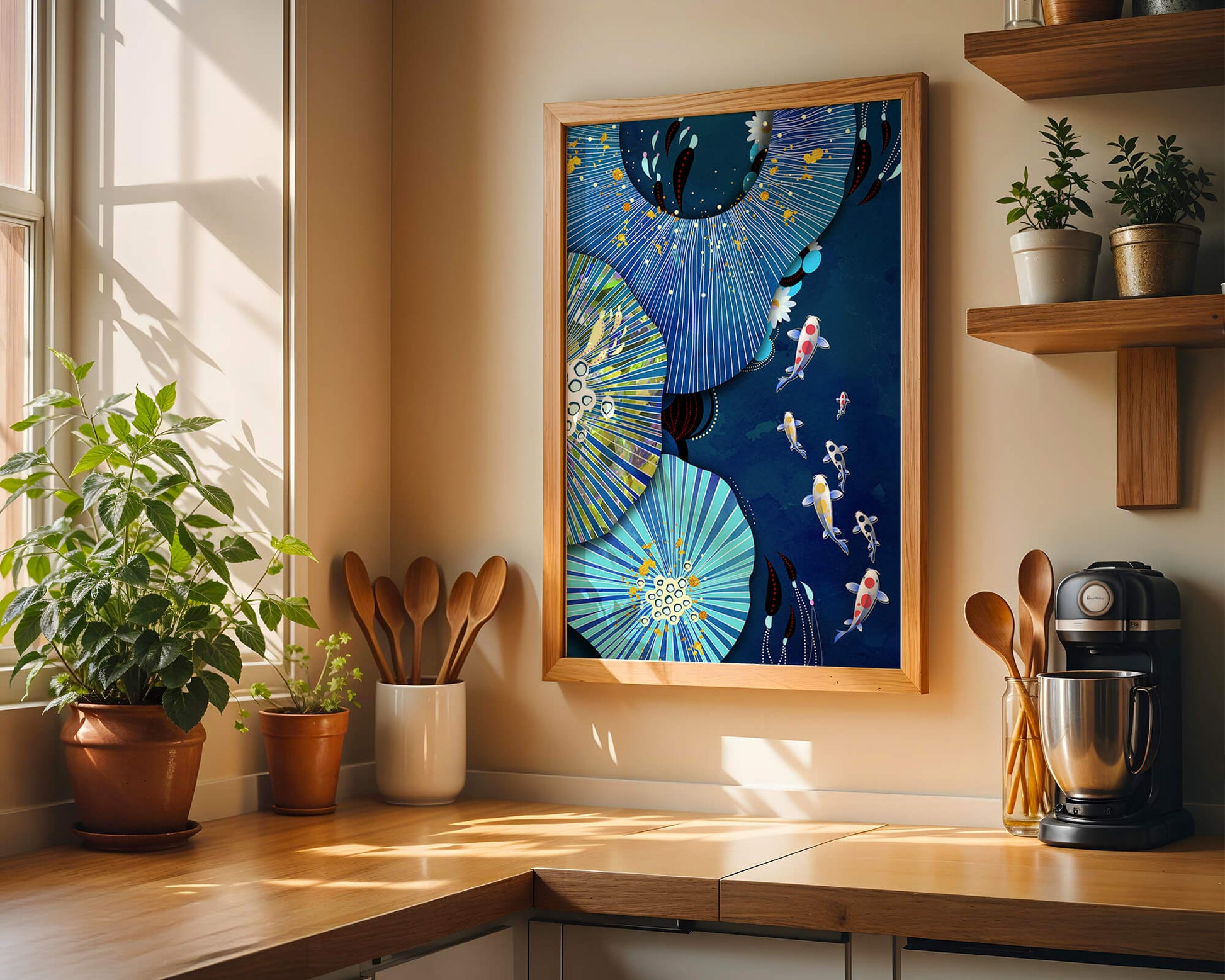 Vibrant underwater scene with koi fish and abstract floral design