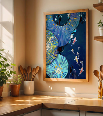 Vibrant underwater scene with koi fish and abstract floral design