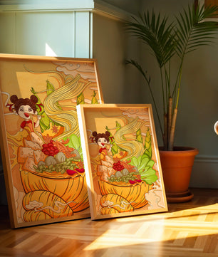 Ilustración colorida de un niño disfrutando de un tazón de fideos con verduras