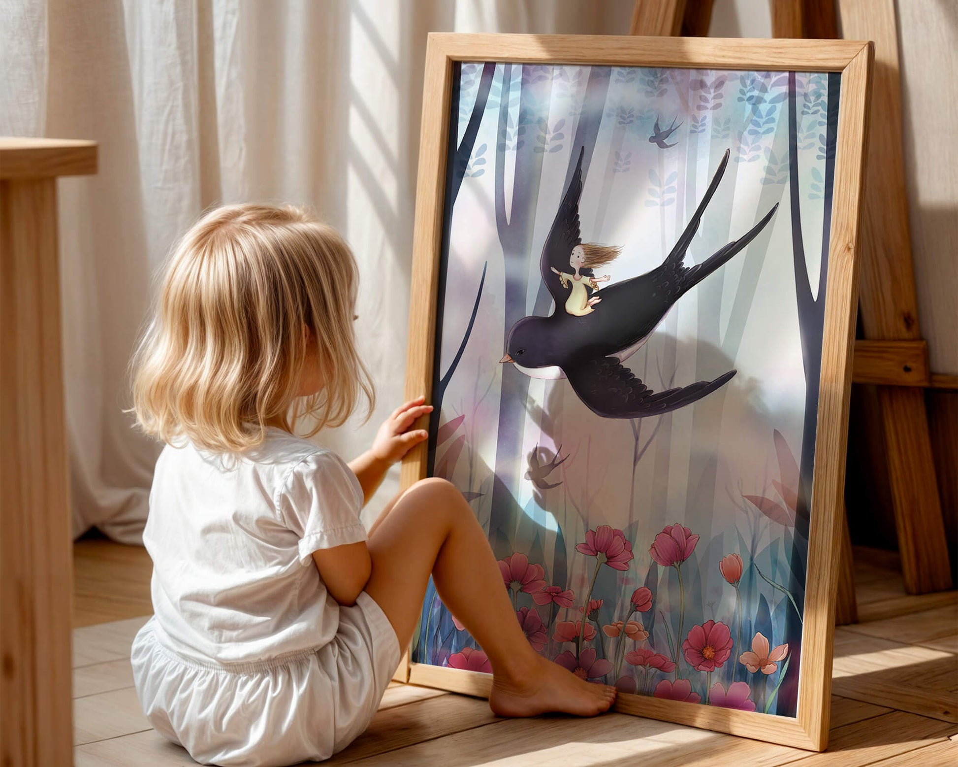 Enchanted forest with girl riding bird among vibrant flowers
