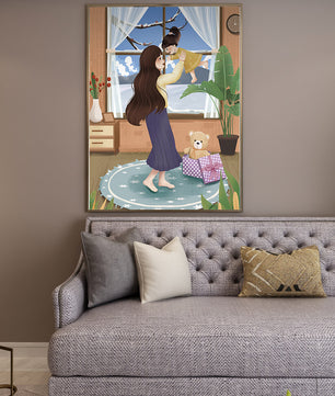 Mother and child bonding in a vibrant living room