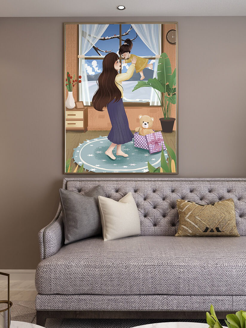 Mother and child bonding in a vibrant living room