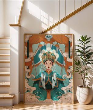 Illustration élégante d'une princesse orientale avec une tenue royale et des éléments mythiques