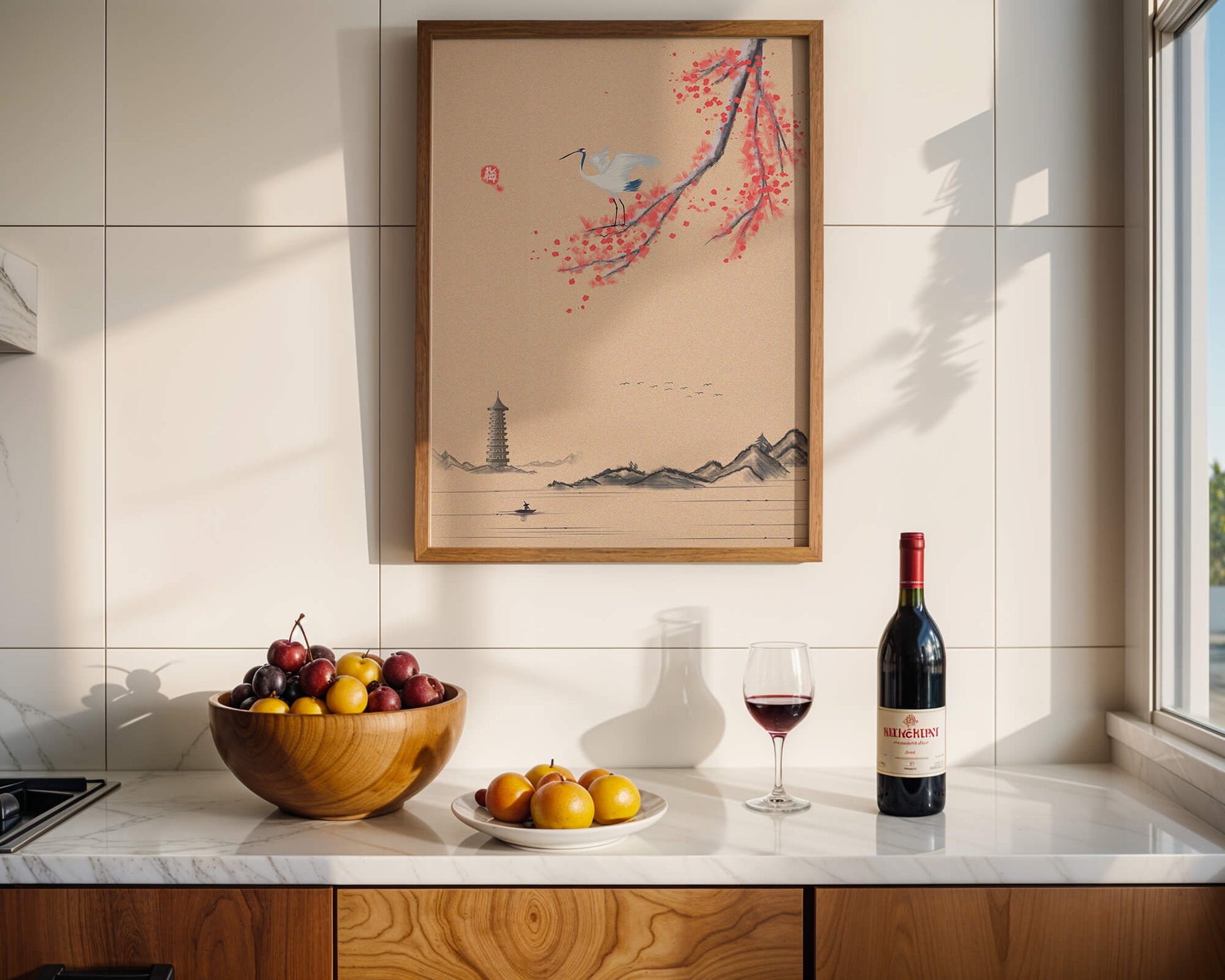Serene landscape with crane and cherry blossom branch in East Asian style