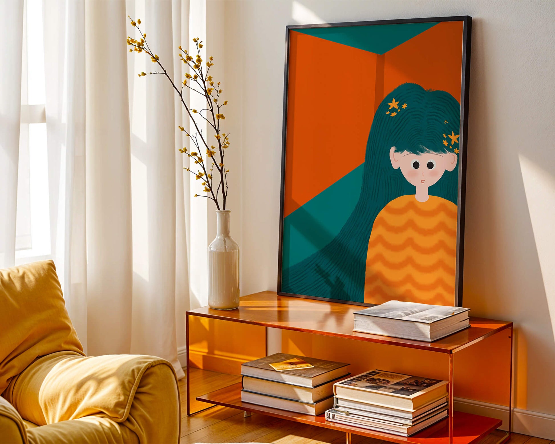 Colorful abstract illustration of a character with teal hair and orange background