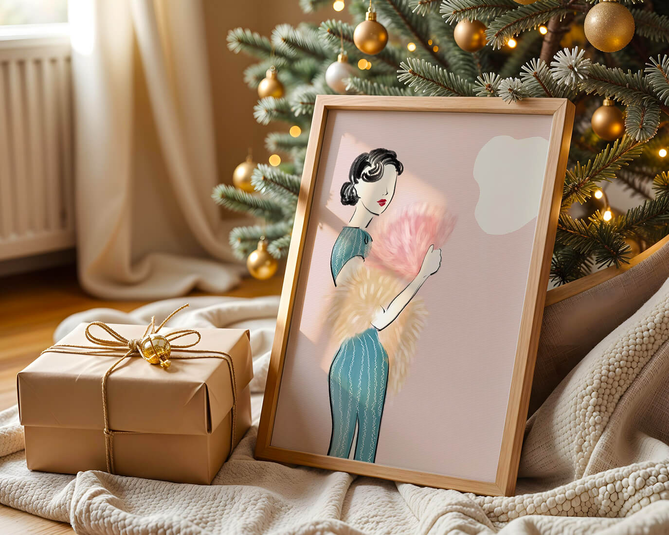 Elegant woman in vintage dress with pink background