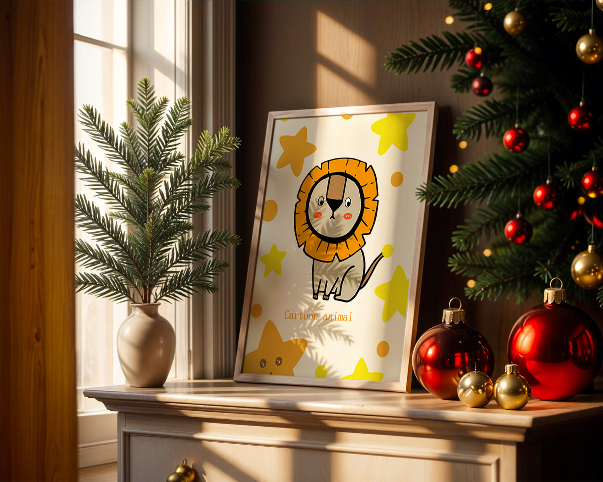 Cute cartoon lion illustration with stars for children's room
