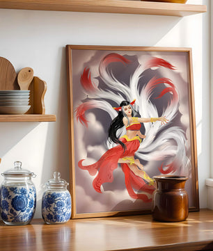 Graceful fantasy fox spirit with flowing tails and red attire in mystical clouds