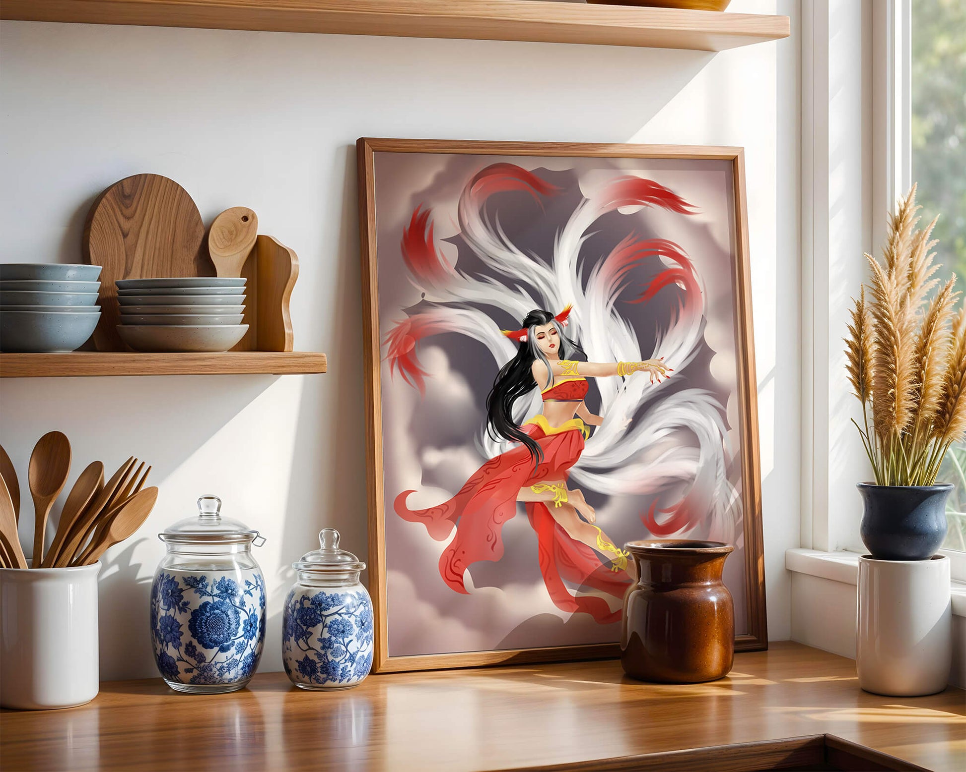 Graceful fantasy fox spirit with flowing tails and red attire in mystical clouds