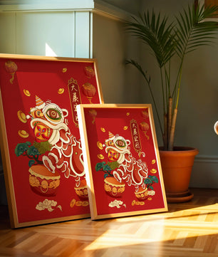 Ilustración de la danza del león china tradicional con elementos festivos