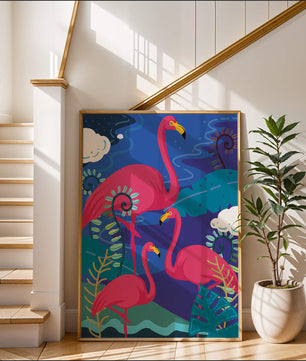Colorful illustration of flamingos in a tropical setting