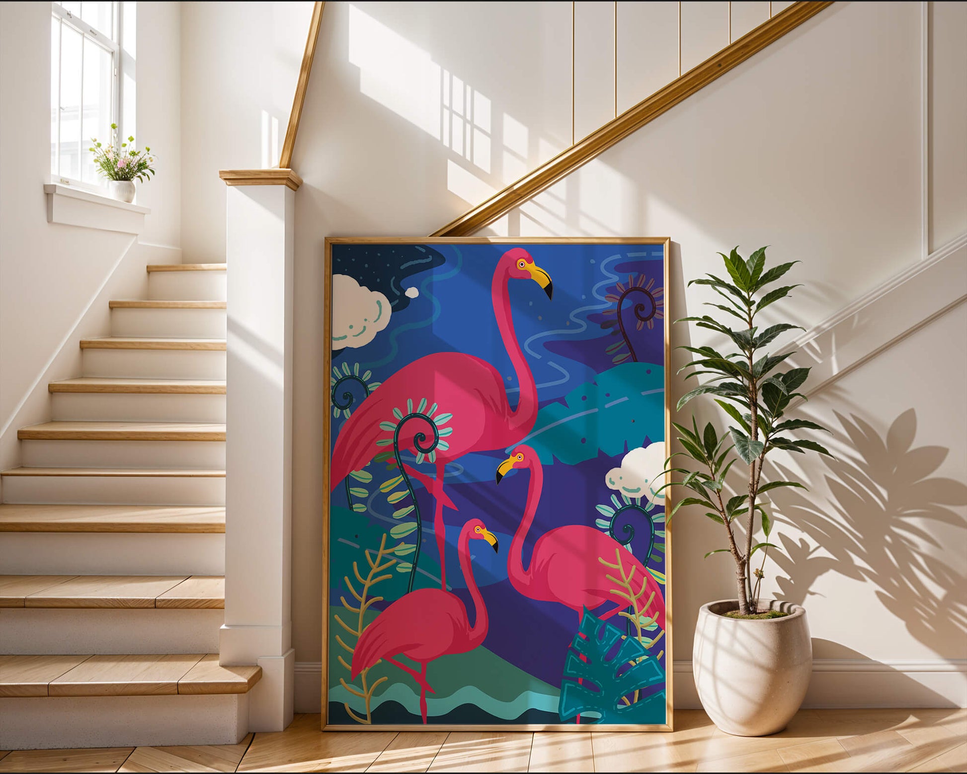 Colorful illustration of flamingos in a tropical setting
