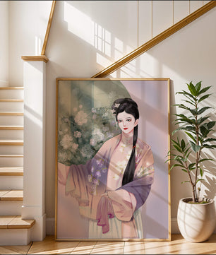 Elegant Asian Woman in Traditional Attire with Floral Background - Mi tienda
