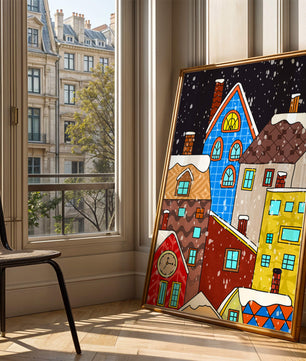 Farbenfrohe Winterstadtlandschaft mit schneebedeckten Häusern im Cartoon-Stil