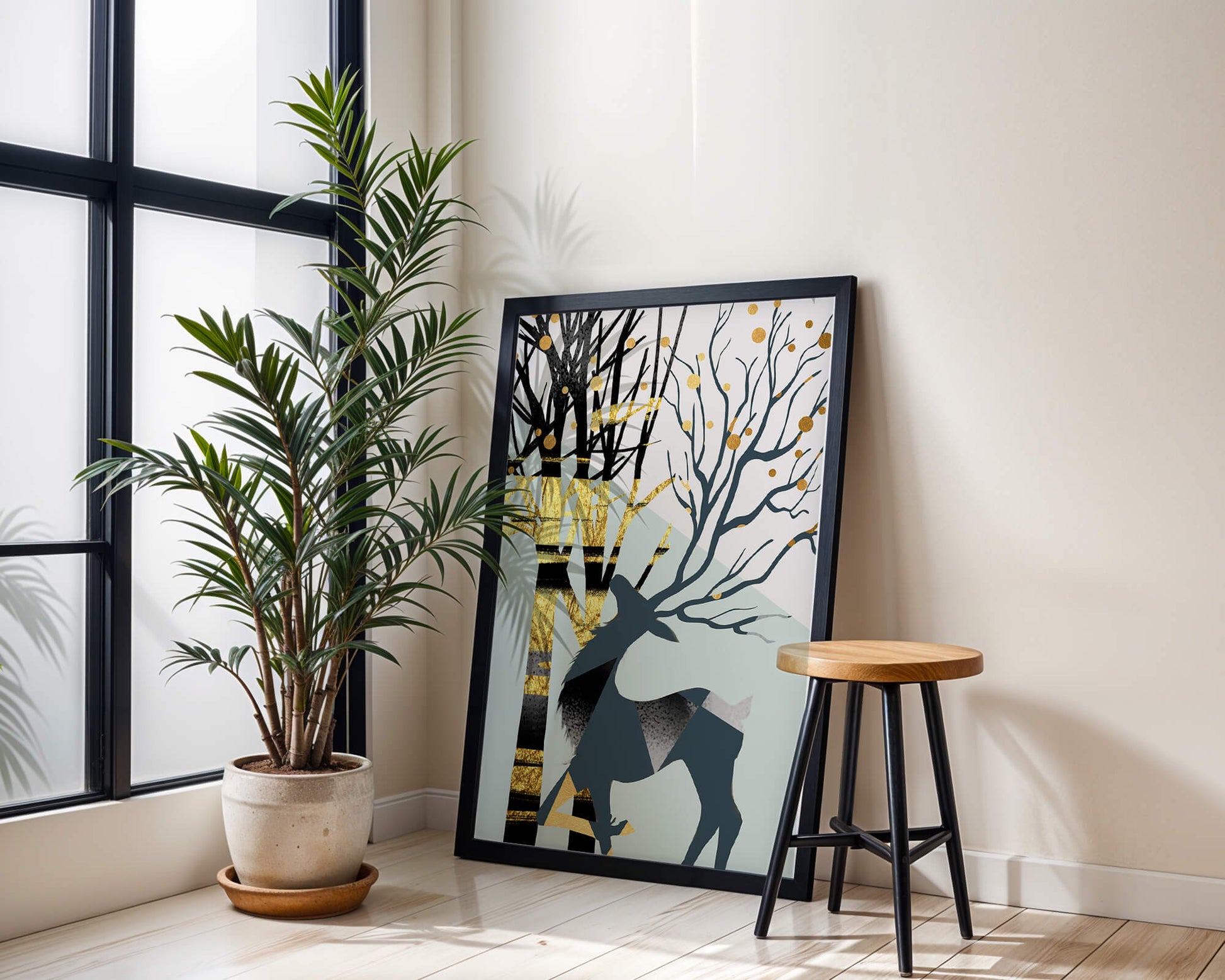 Abstract Deer Silhouette with Golden Accents and Trees