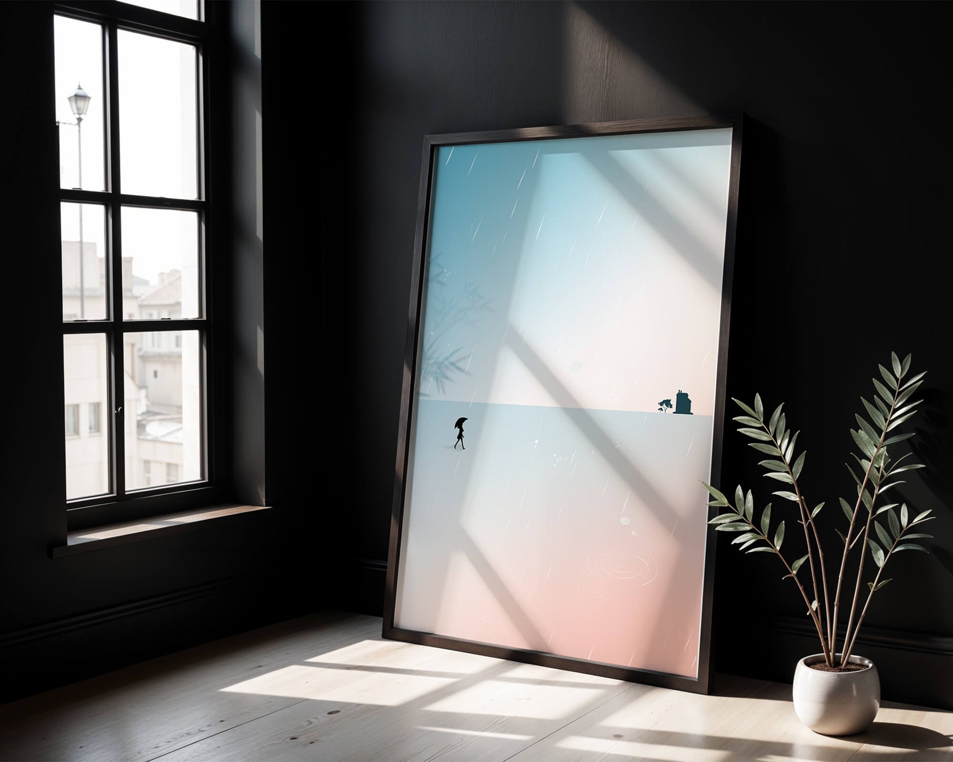 Paisaje Minimalista con Silueta en Ambiente Lluvioso