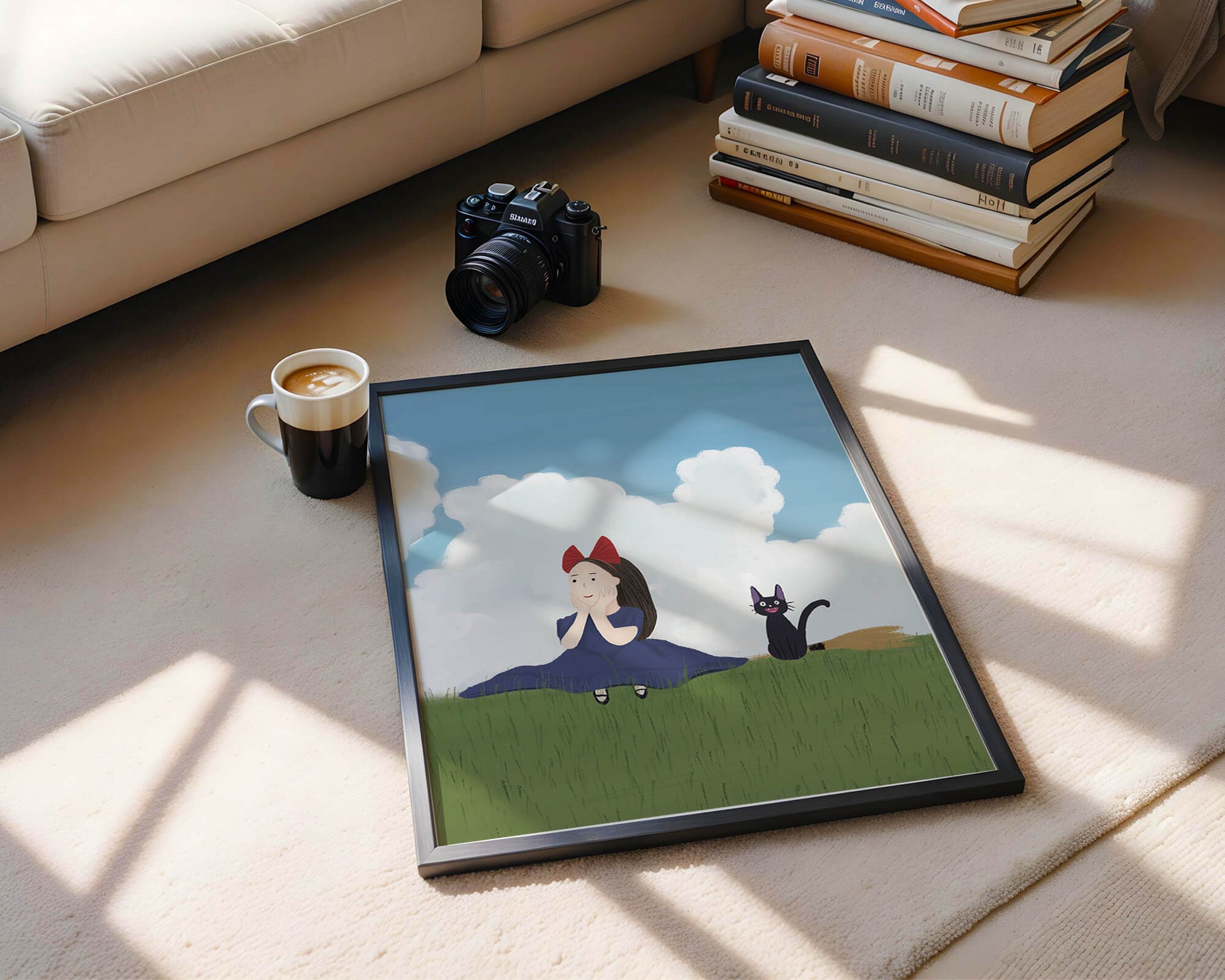 Girl with Red Bow and Cat in Lush Green Meadow