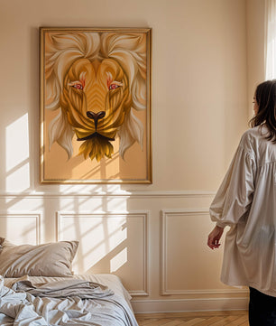 Lion Face with Intricate Golden Pattern and Flowing Mane