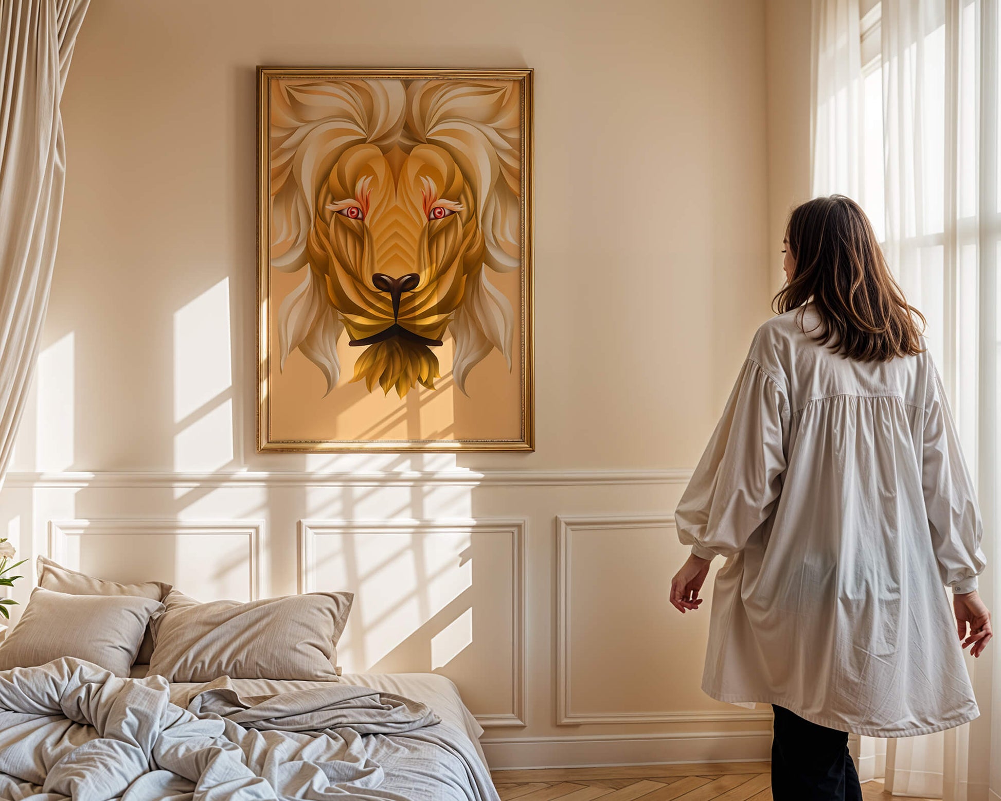 Lion Face with Intricate Golden Pattern and Flowing Mane