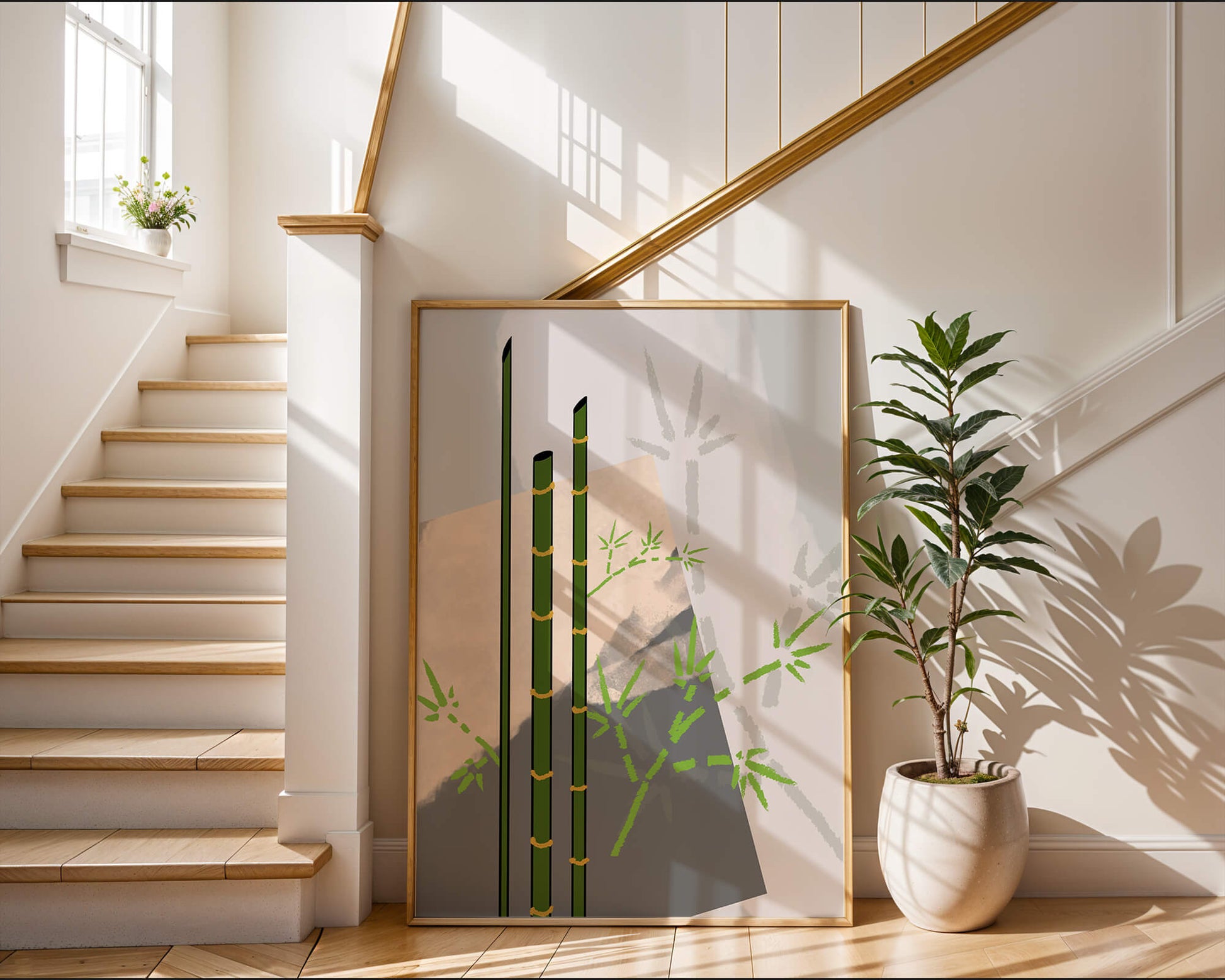 Arte minimalista de bambú con sombras abstractas de bambú