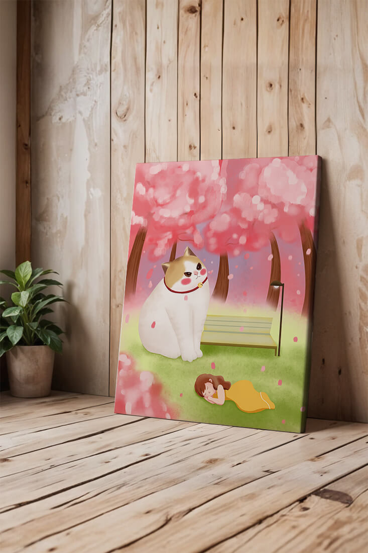 Whimsical scene with giant cat and girl under cherry blossoms