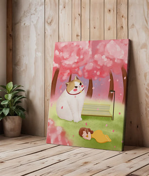 Whimsical scene with giant cat and girl under cherry blossoms